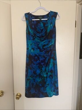 Lauren Ralph Lauren Blue Teal Floral Cowl-Neck Midi Dress